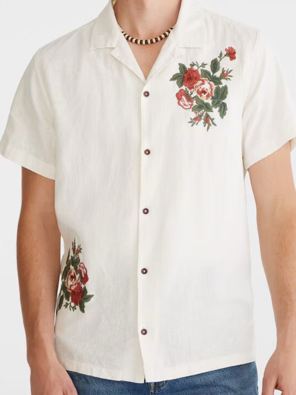 Aeropostale Linen Blend Embroidered Rose Shirt Cream Ivory Floral Mens Medium M